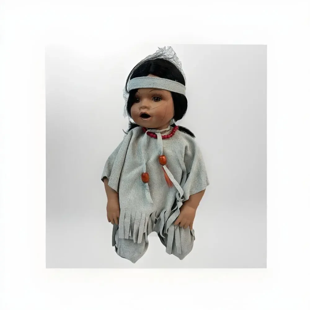Vintage Native American Style Doll 12” – Feather Defect – Signed Neck Mark